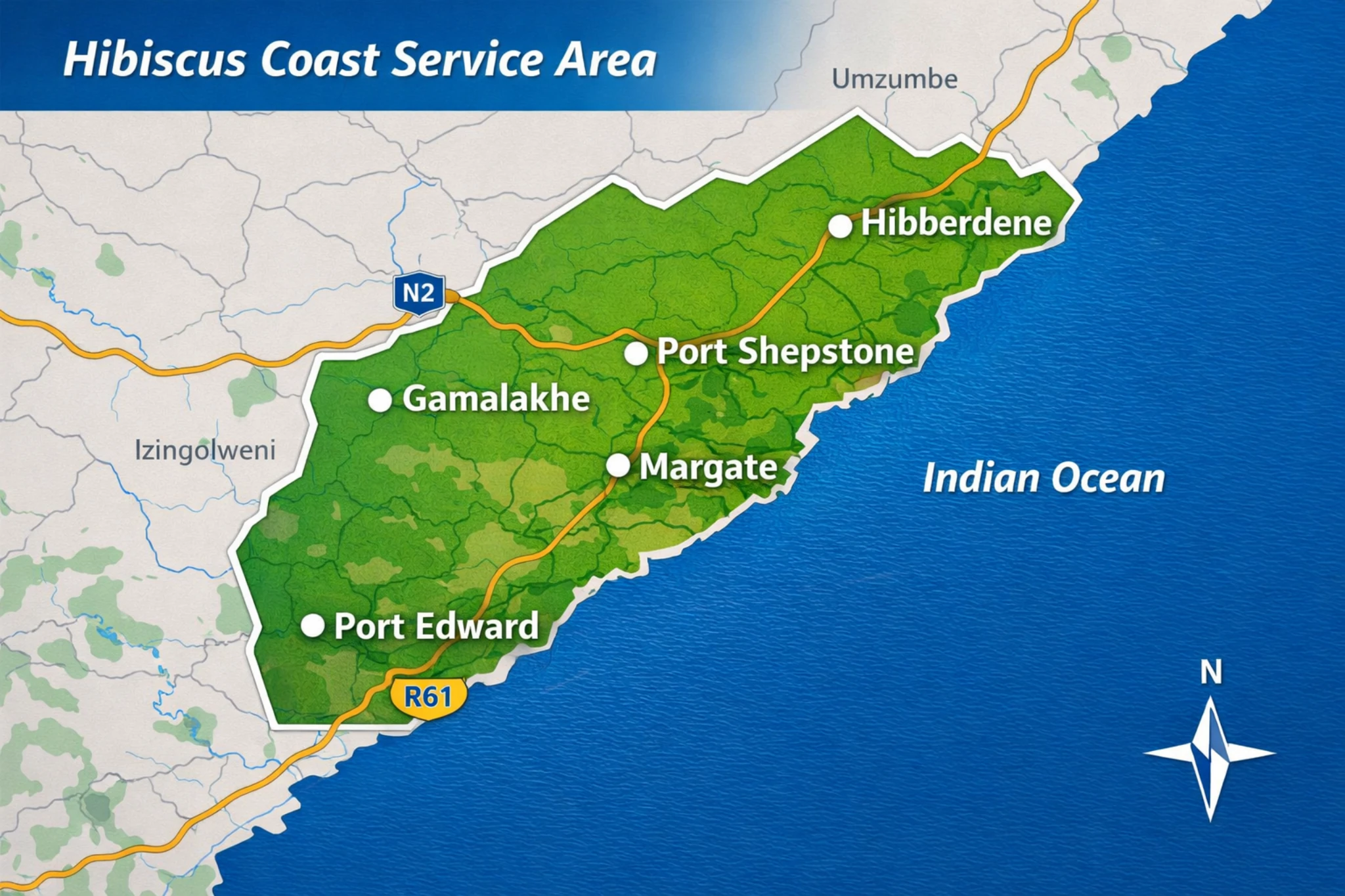 Map of Gatematix service area covering the Hibiscus Coast from Hibberdene to Port Edward